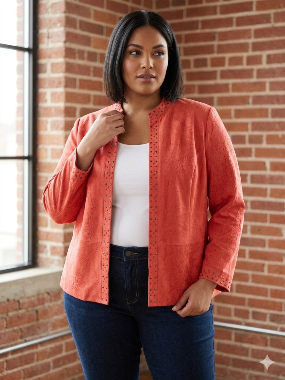 Alfred Dunner Faux Suede Studded Open Front Jacket Burnt Orange Plus Size 16W